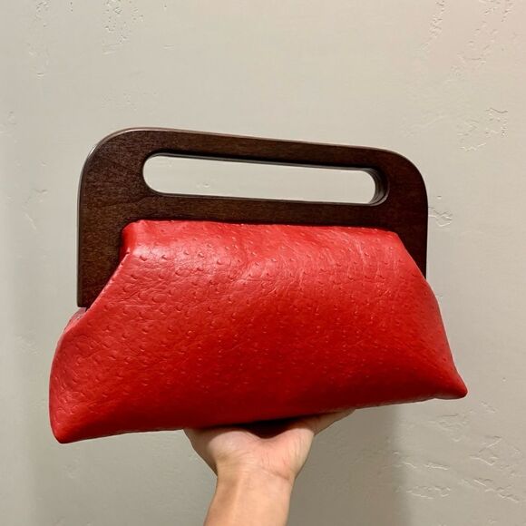 Vintage Style Handmade Genuine Embossed Leather Large Wooden Frame Bag/Crossbody - Picture 3 of 16